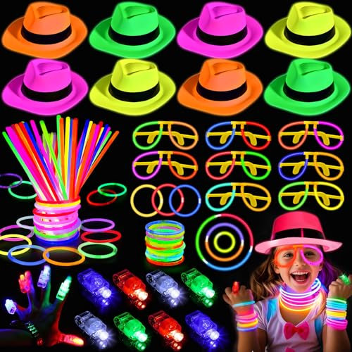 Cleboen 124STK Knicklichter Party Set Mitgebsel Kindergeburtstag Neon Hut Finger Led Knicklichter Mit Verbinder Schwarzlicht Party Leuchtstäbe Kinder Geburtstagsdeko Give Aways für Mitbringsel Kinder