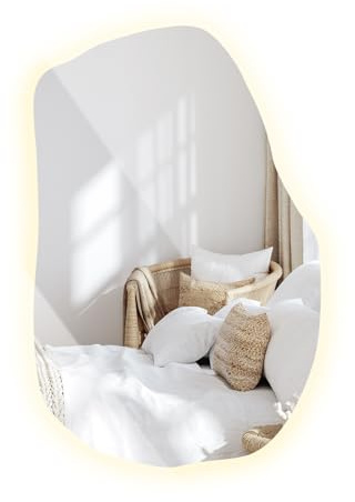 Specchio Organico 90x58,5 cm Illuminato LED Luce Neutro Forma Irregolare Asimmetrico Bordo Ondulato Senza Cornice per Stile Loft in Camera, Soggiorno, Bagno, Corridoio