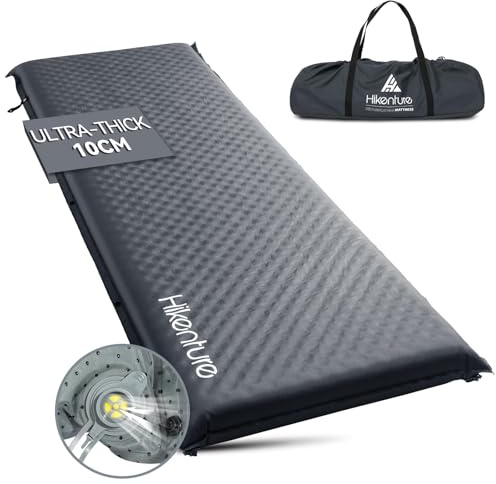 HIKENTURE Self Inflating Sleeping Pad, Extra Thick Camping Mattress with Carrying Bag, 9.5 R-Value Insulated Foam Sleeping Mat for 4 Seasons, Portable Camping Mat for Camping Travel Tent(Grey,10cm)