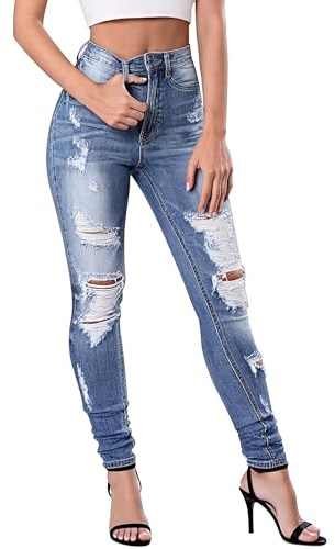 Fengbay Jean Skinny Femme, Taille Haute Extensible Mode Slim Pantalon Stretch Jeans Déchirés Slim Fit Denim Pants