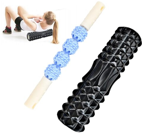Rodillo Masaje Muscular 30×8cm y Palos de Masaje, Rodillo de Espuma Foam Roller para Terapia y Masaje Muscular Piernas Espalda, Pilates y Yoga