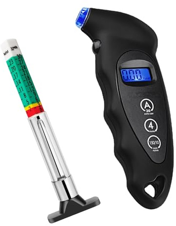 Digital Tyre Pressure Gauge UK - 150 PSI 10 Bar with Tread Depth Gauge, 4 Measurement Settings Backlit LCD Non-Slip Grip for Cars Trucks Bicycles Motorbikes Vans