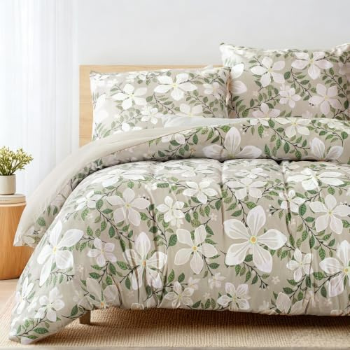 Whale Flotilla Funda Nórdica Cama 80 Microfibra, 2 Piezas | Juego de Funda de Edredón 135x200 cm y 1 Funda de Almohada 80x80 cm, Motivo Floral con Cremallera, Beige Flores