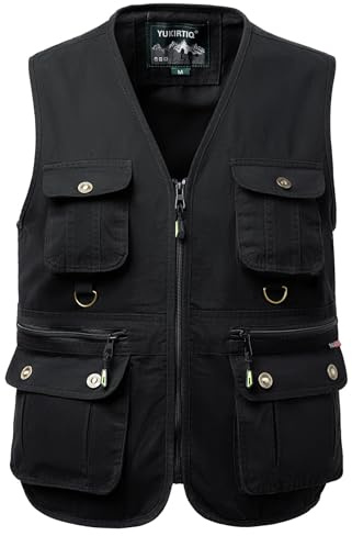 Yukirtiq Gilet de Pêche pour Homme Gilet Multipoches de Chasse Reporter Ete Veste Sans Manches de Peche, Noir, L