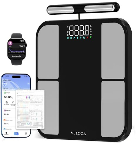 Veloga Smart Body Fat Scales for Body Weight, 8-Electrode Bathroom Scales with 56 Data Indicators, Bluetooth Body Composition Analyser App, Large LED Display, Accurate Weighing Scales up to 180kg