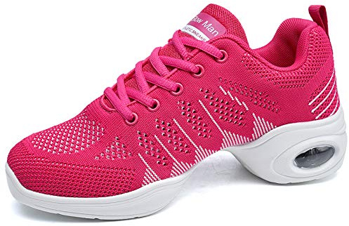 Women's Jazz Shoes Lace-up Sneakers - Breathable Air Cushion Lady Split Sole Athletic Walking Dance Shoes Platform Pink,5