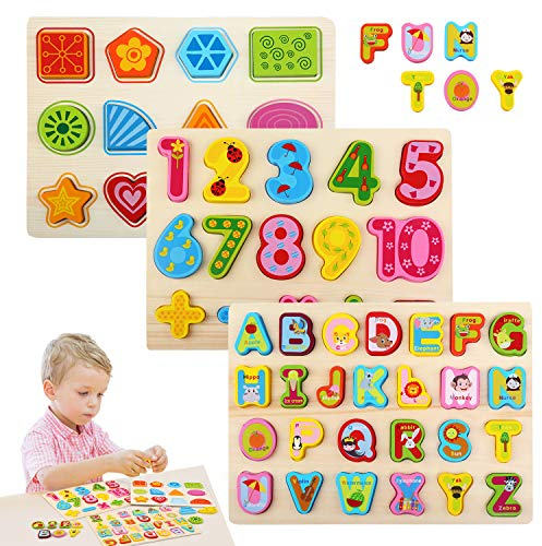BelleStyle Learning Alphabet Puzzle, Wooden Jigsaw Puzzles for 2-5 Year Olds Kids, Colorful Letters/Numbers/Shapes Puzzle Board, Early Education Recognition Toy, Learning Games Gifts for Children