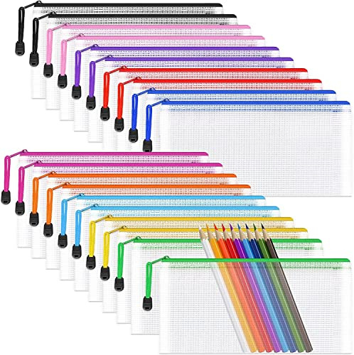 A6 Mesh Pencil Pouch Zipper File Bags, 20PCS Clear Pencil Case Plastic Wallets Folders Waterproof Storage Pouch for School Supplies, Bills, Cosmetics, Stationery and Travel Accessories,10 Colours