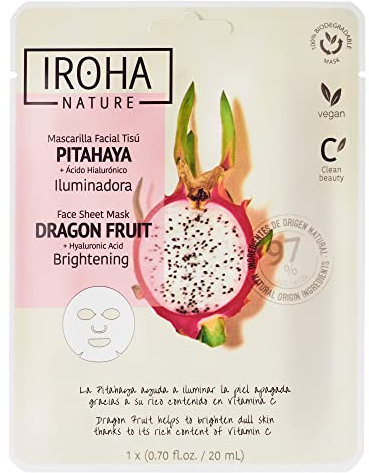 Iroha Nature - Mascarilla Facial Tisú Iluminadora con Pitahaya | Hidratación y Juventud Profunda | Unifica el Tono | Mayor Ellsticidad | Resultados Instantáneos en 15 Minutos | Clean Beauty