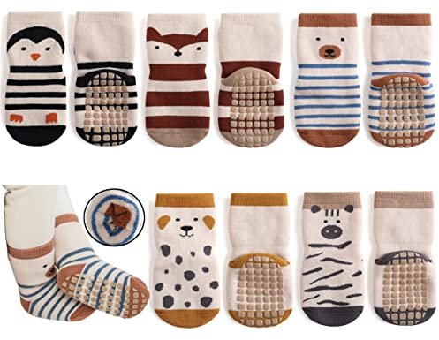 Exegawe Baby Non Slip Socks Winter - 5 Pairs Toddler Kids Thick Warm Crew Socks with Grips(Animal Stripe,M/1-3y)