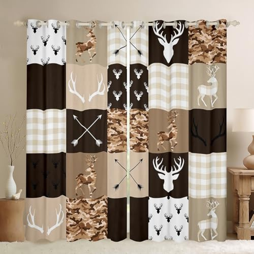 Antler Silhouette Kids Blackout Curtains,Camo Brown Rustic Window Drapes,Girls Boys Adults Xmas Decor,Geometric Plaid Patchwork Arrows Boho Window Treatments Grommet Top 2 Panel Set,42Wx63L inch