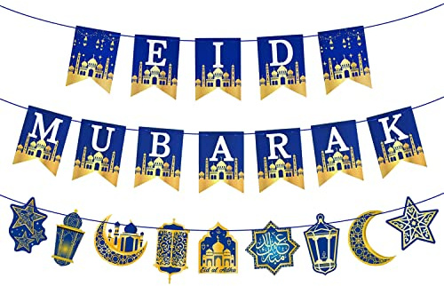 AhfuLife Eid Mubarak Banner Decorations, Pre-tied Eid Mubarak Bunting Banner Party Supplies for Home Outdoor Umrah Mubarak Party Decor Moon Star Garland