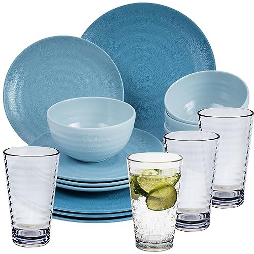 Melamin Geschirr Set 16 Teile elegante Steingut Optik in blau mit Wasserglas 400ml klar - für 4 Personen Essgeschirr Gläser Wasserglas Tumbler Whiskey - Campinggeschirr Picknick ideal Camping Outdoor