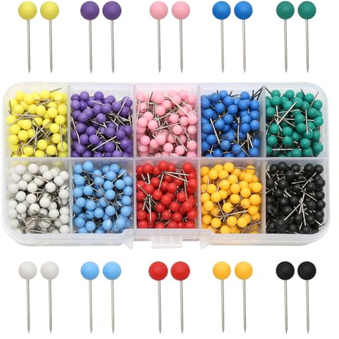 1000 Pcs Push Pins Map Tacks, Map Pins with Coloured Heads Drawing Pins for World Map, Cork Board, Fabric Marking, DIY