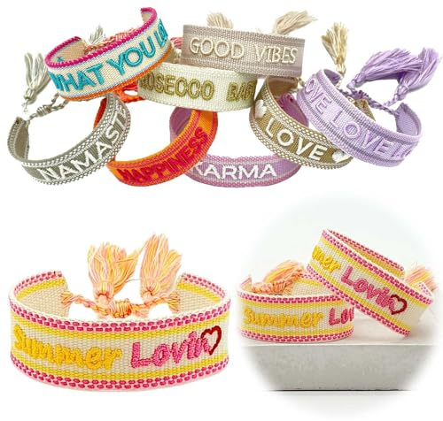LS-LebenStil Exklusives Statement Armband - das Original - Summer Lovin Gelb Pink 16-20cm Quasten besticktes Boho Canvas Webarmband Damen Freundschaftsarmband Geschenk gewebt textil Stoffarmband