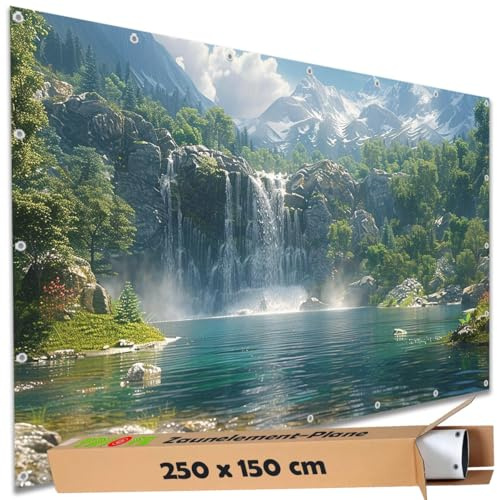 TRIOSK Sichtschutz Garten Deko Zaun Plane Blickdicht groß mit Zaunblende Motiv Wasserfall Tropen See Türkis für Balkon Terrasse Zaunelement Doppelstabmatten Gartenzaun PVC 250x150 cm