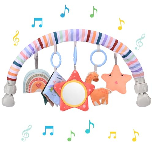 Bebamour Baby Pram Toys 0-36 Months Baby Travel Arch Stroller Toy for Infant Toddlers Sensory Hanging Crib Toys for Car Seat Pushchair Pram Activity Toy for Indoor and Outdoor, Giraffes