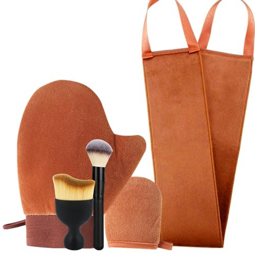 Selbstbräuner Handschuh Set mit Pinsel, 5 in 1 Bräunungslotion Rücken Applikator Selbstbräuner Körper Handschuh Bräunungsmousse für Tanning Mitt Oil Selbstbräuner