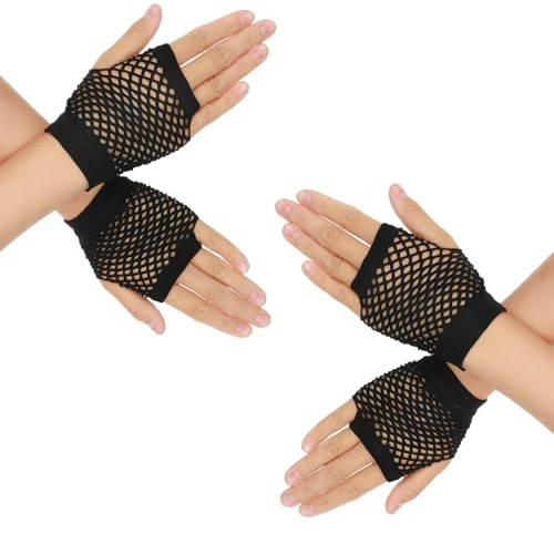 Telooco 2 Paar Netzhandschuhe Schwarz Punk Halloween Handschuhe Kurz Gothic Fingerlose Handschuhe Damen Vintage 70er 80er Jahre Party Netzhandschuhe für Karneval Halloween Cosplay Kostüm