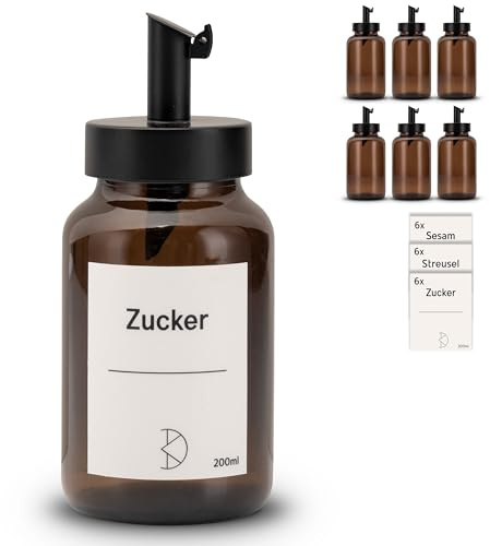 Koffs Design - Lot de 6 sucriers avec doseur en acier inoxydable – Saupoudreuse individuelle pour sucre, saupoudres, graines de sésame, graines et plus encore – Sucrier moderne en verre avec