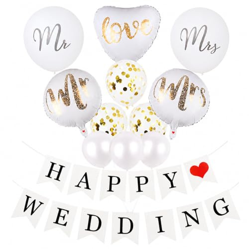 Bolosa Wedding Decorations Wedding Balloons Set 12 Pcs, Mr and Mrs Balloons with Happy Wedding Banner, White and Gold Love Heart Design, Engagement Party Decorations for Proposal & Bridal Shower