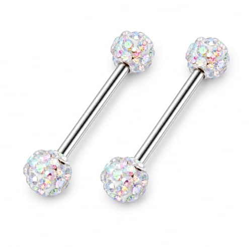 QZKJQDD Tungenpiercing Bröstvårtspiercing, 1 par 14 g rostfritt stål Barbell med AB-kristallkulor, 16 mm stavlängd, 5 mm kulor, rak piercingstav för bröstvårta, tunga, helix och brosk, silverfärgad