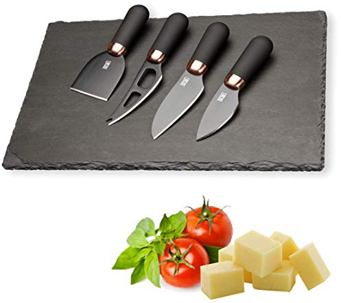 Slate Cheese Board & Cheese Knife Set - Anti Bacterial Black Ceramic Coated, Black Blades And Back Ergonomic, Soft Grip Handle - Shiny Copper Bolster - 30 x 20 x 0.6cm Slate Board.