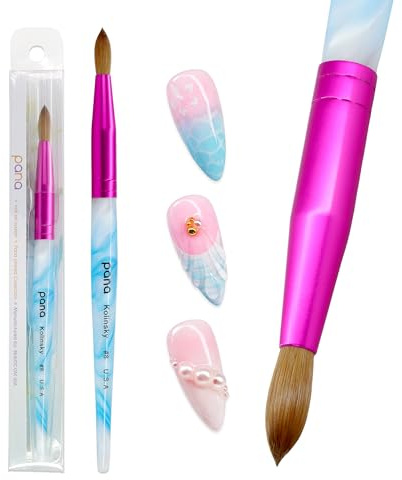 PANA Nail Brush (Size 8, Pack of 1) - White, Blue, Pink - Natural Bristles (Kolinsky Hair) - Acrylic Handle - Round Shape