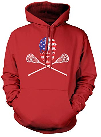 USA Crossed Lacrosse Sticks & Helmet - Lax Bro Unisex Hoodie Sweatshirt (Red, Medium)