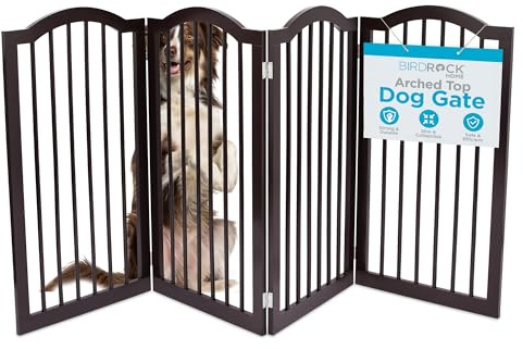 INTERNET'S BEST Arched Top Dog Gate | 4 Panel, 36 H Wooden Pet Barrier for Dogs or Cats | Freestanding Folding Room Divider for Doorways, Hallways, Stairs, and Porch | Portable, Extra Wide | Espresso