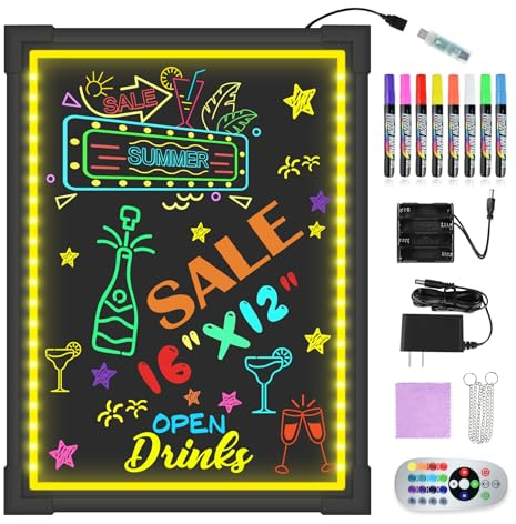 Hosim LED Message Writing Board, 16X 12 Illuminated Erasable Neon Effect Restaurant Menu Sign with 8 Colors Markers, 7 Colors Flashing Mode DIY Message Chalkboard for Kitchen Wedding
