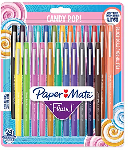 Paper Mate Stylos feutres Flair | Feutres de coloriage sans fuite à pointe moyenne (0,7 mm) | Idéal pour écrirecoloriage (adultes et enfants) scrapbookingetc. | Couleurs Candy Pop | Lot de 24