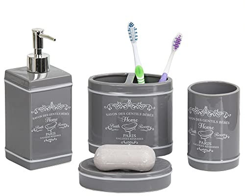 Home Basics Paris Collection 4 Piece Bathroom Accessories Set, Bath Set Features Soap Dispenser, Toothbrush Holder, Tumbler, Soap Dish With Stylish Accent Decor To Complement Any Bathroom Gray/Slate