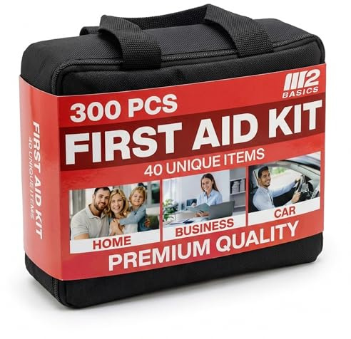 M2 BASICS Premium 300 Piece Professional First Aid Kit, 40 Unique Items, Durable Carry Bag for Home, Car, Business, Travel & Vehicle