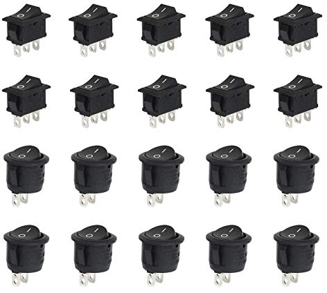 LAITER 20 Pcs Interrupteur ON/OFF à Bascule 2 Broches et 3 Broches Contacteur Rond et Rectangulaire 10A/125V 6A/250V pour Voiture Moto Interrupteurs Spst pour Appareil Ménager