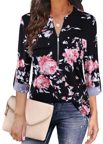 Siddhe Chemisier Femme Élégant Col en V Tunique Femme Fermeture Éclair T-shirt Long Festif Manches 3/4 Casual Long T-shirt Rose Motif Floral Noir M