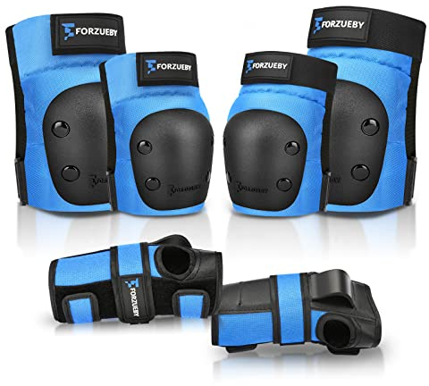 Forzueby Protège-Genoux pour Adultes/Enfants Protège-Coudes Protège-Poignets 6 en 1 pour Patins à roulettes, Skateboard, Scooter, BMX, etc. (S, Bleu)