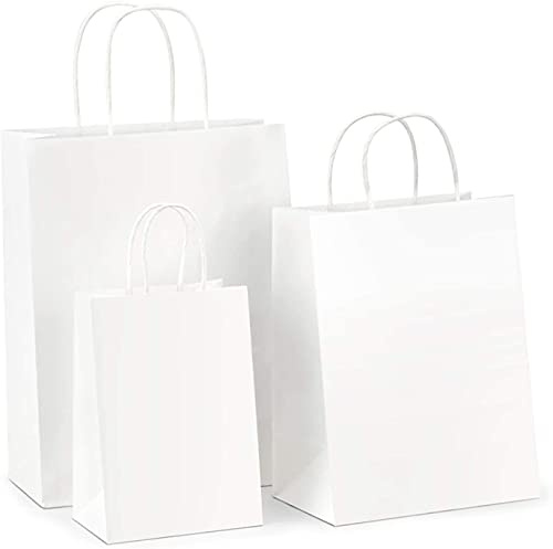 HRUISE Lot de 30 sacs cadeaux en papier kraft blanc avec poignées, 130 g/m², pour Saint-Valentin, mariage, shopping, fête, anniversaire, marchandises, épicerie – 10 pièces de chaque taille