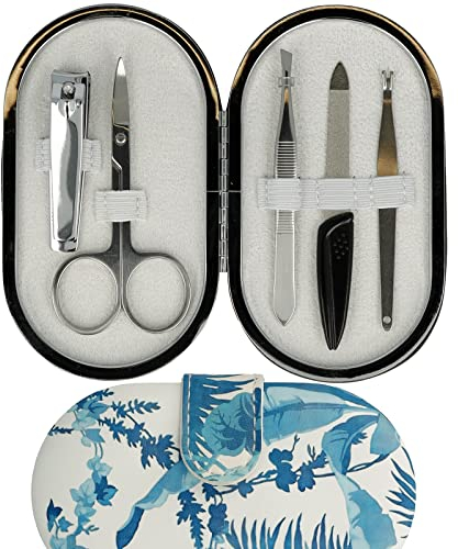 CLAUSS Maniküre Set 5-teilig plus Etui, mit Nagelschere, Feile, Pinzette, Nagelknipser und Nagelhautentferner, Carbonstahl, rostfreier Stahl, Dschungel, blau weiß, CL-96114