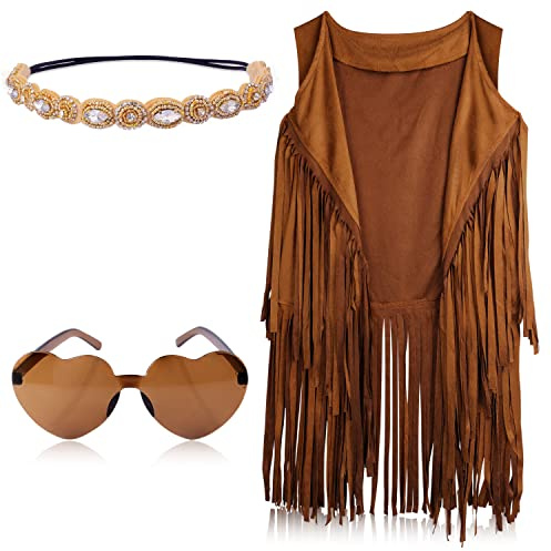 KINBOM Costume Hippie Anni 70 Anni 60 per Donne, Vestiti Costumi Hippie Donna Boemo Set di Accessori Hippie Costume Gilet con Frange Fascia Occhiali da Sole a Cuore per Donna (XL)