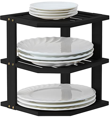 YOUDENOVA Crockery Organiser Bamboo 25 x 25 x 25 cm, Corner Cabinet Insert 3 Levels for Kitchen Shelf, Dish Drainer Dish Drainer Plate Stand, Black