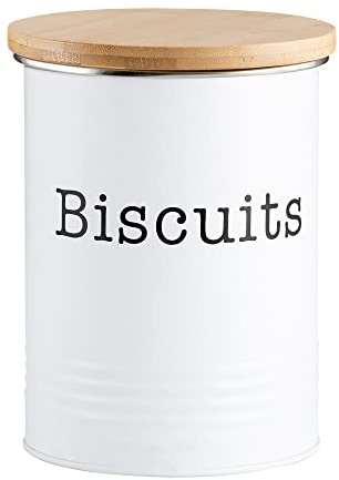 EHC Round Enamel Airtight Seal Cookie/Biscuit Kitchen Storage Canister Jar With Wooden Lid, White