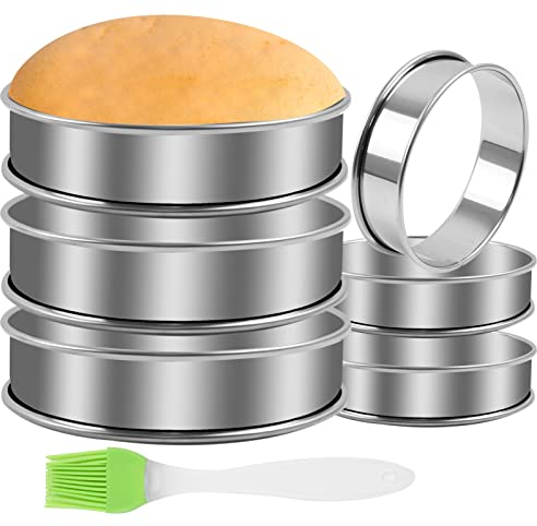 Lot de 6 anneaux à crumpet, double rouleau, en acier inoxydable, anti-adhésifs, pour muffins, pâtisserie, muffins, mousse, avec brosse à huile pour la cuisson des crumpets, des desserts (8 cm, 10 cm)