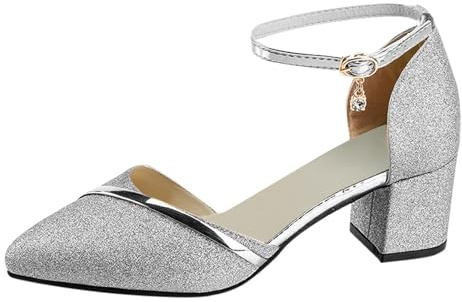 Momolaa Womens Heels Ankle Strap Court Shoes Block High Heel Chunky Dress Sandals Closed Pointed Toe Heels Wedding Party Pumps Slip On Low Heel Party Courts Pump Size 5 6#Silver