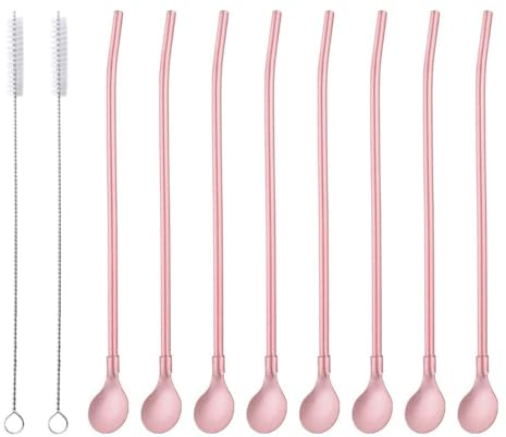 SBOMHS Cucchiaio riutilizzabile in acciaio inox 18/8, 8 cucchiaini con 2 spazzole, per cocktail, latte macchiato, 21,5 cm (rosa)