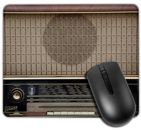 Tappetino per mouse quadrato con vecchia radio, tappetino per mouse con base in gomma antiscivolo, con bordi cuciti resistenti, 24 x 20 cm, per gaming, lavoro, ufficio, computer portatile