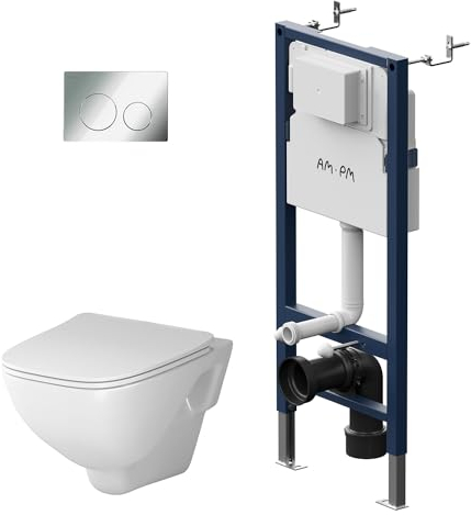 AM.PM - Hänge WC Komplettset, Vorwandelement WC Set Komplett Vormontiert (Prime Fit) + Wand WC Weiß ohne Spülrand (X-Joy) + Drückerplatte + WC-Sitz mit SoftClose-Absenkautomatik, Toilette Komplett Set