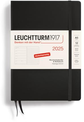 LEUCHTTURM1917 370535 Wochenkalender & Notizbuch Dotted Medium (A5) 2025, Schwarz, Deutsch