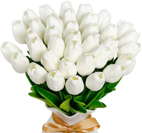 VIKINGS PANDA 36 PCS White Tulips Artificial Flowers 13 PU Fake Flowers for Wedding Home Decor (White)