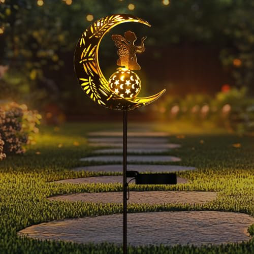 Tremdwoto Fairy Moon Solar Lights Outdoor Garden Gifts for Women,Waterproof LED Stake Lights Angel，Decor for Courtyard Grave Lawn Patio Ornaments, Mothers Day Birthday Housewarming Gifts for Mom